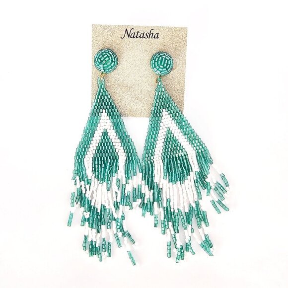 Natasha Long White and Teal Statement Beaded Earrings - Picture 1 of 3